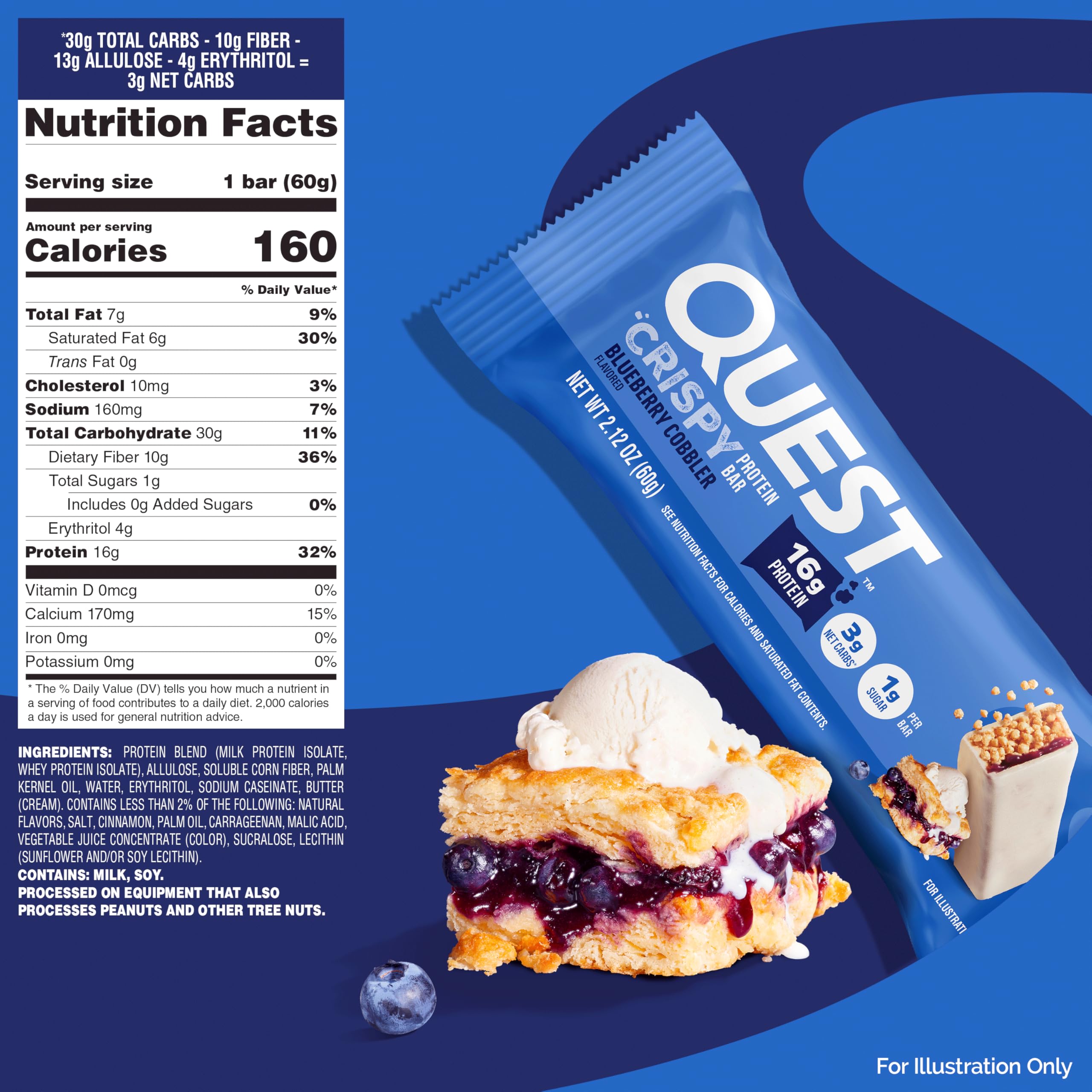 Quest Blueberry Cobbler Crispy Bar nutrition facts panel supports informed choices.