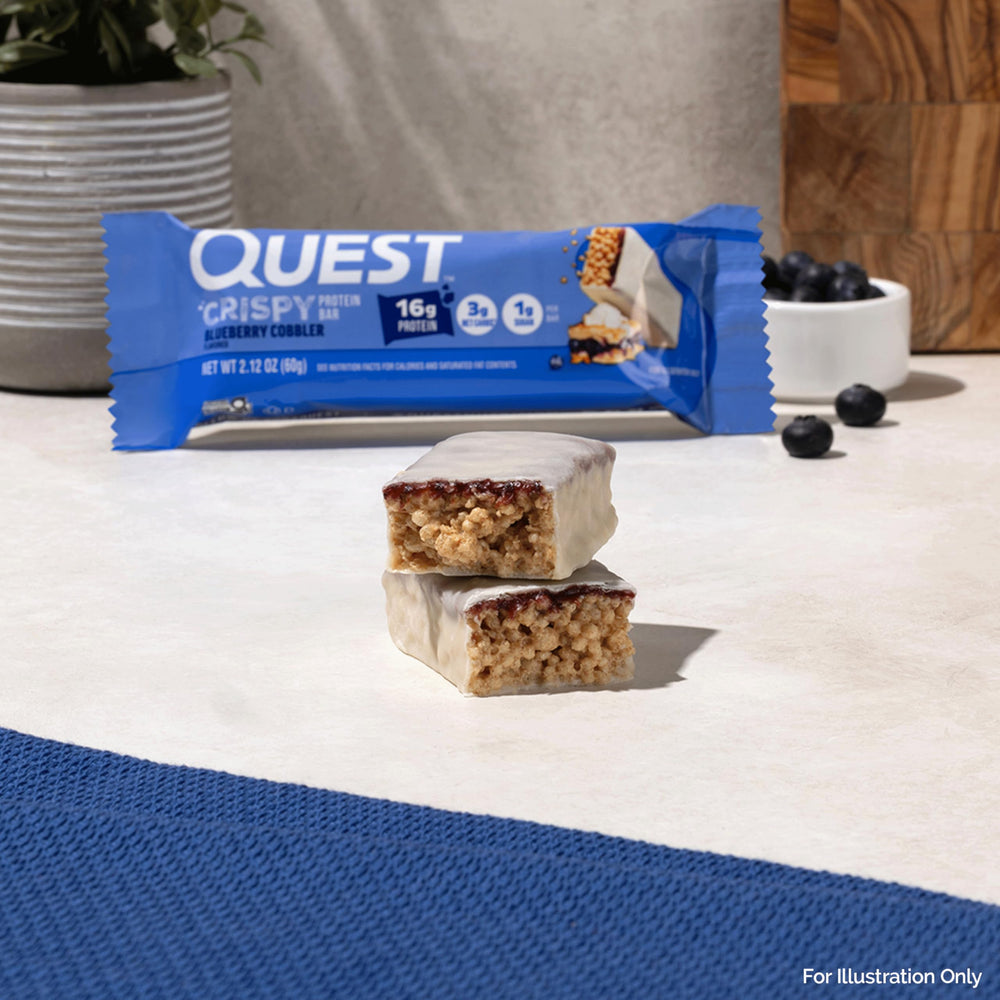Quest Blueberry Cobbler Crispy Bar after-workout refuel option.