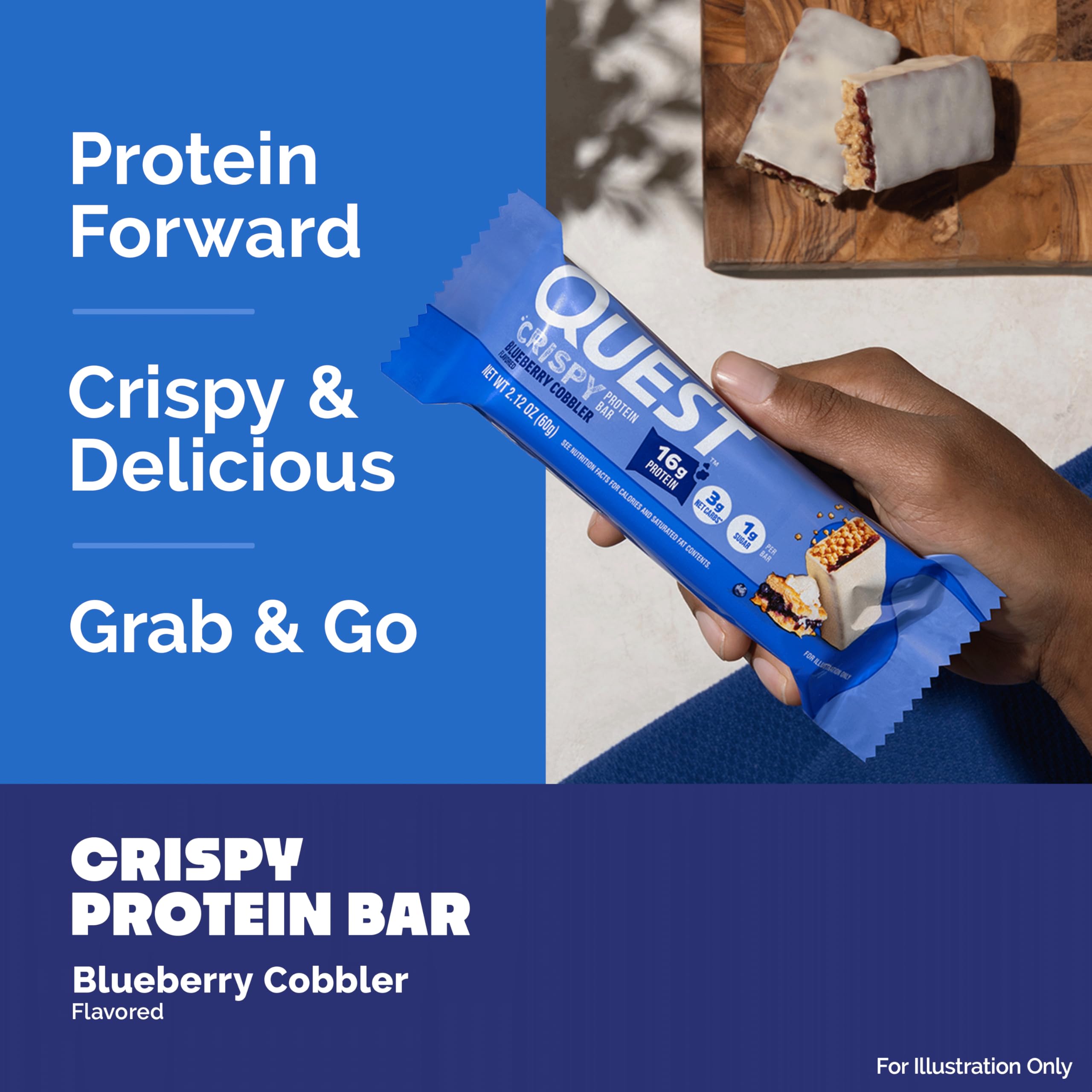 Quest Blueberry Cobbler Crispy Bar desk-side snack ready for a quick break.