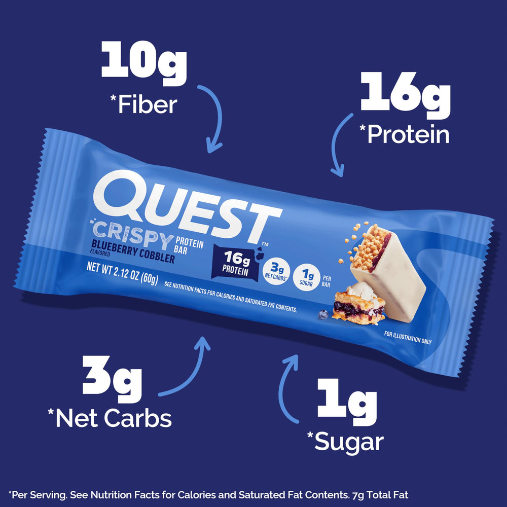 Quest Blueberry Cobbler Crispy Bar white chocolate coating looks indulgent and tasty.