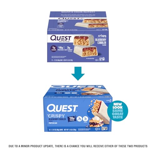 Quest Blueberry Cobbler Crispy Bar inner crispies highlight chewy texture for quick fueling.