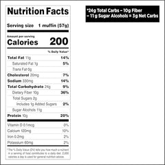 Quest Blueberry Muffin nutrition label close-up, highlights protein and carbs
