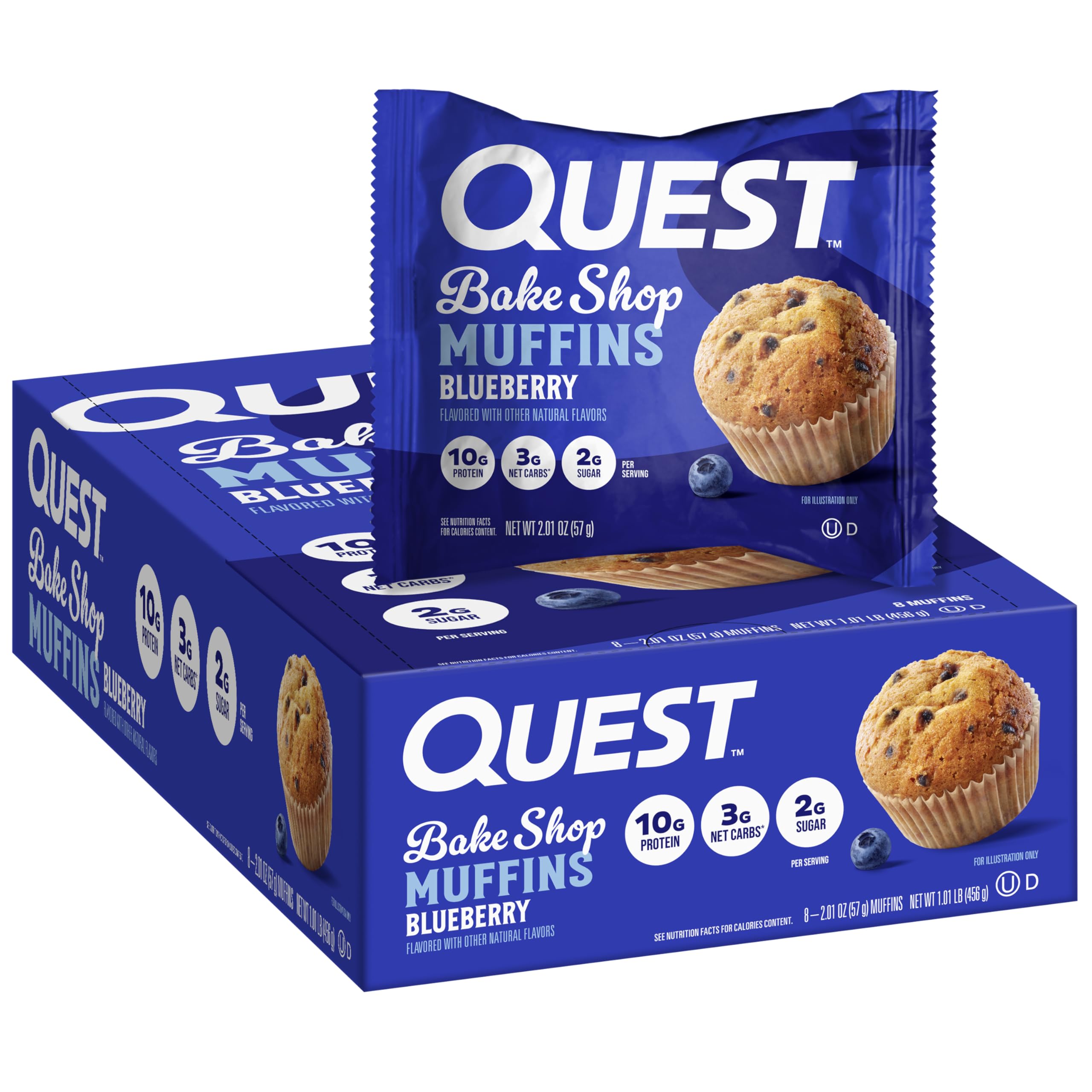 Quest Blueberry Muffin pack front, protein-rich snack for busy mornings