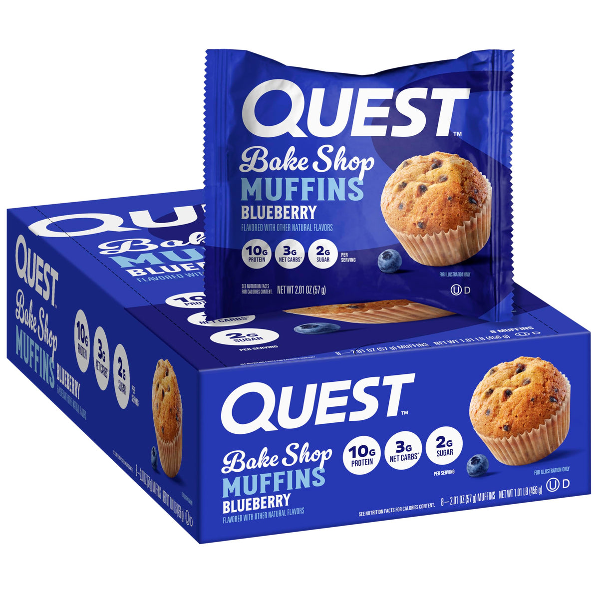 Quest Blueberry Muffin pack front, protein-rich snack for busy mornings