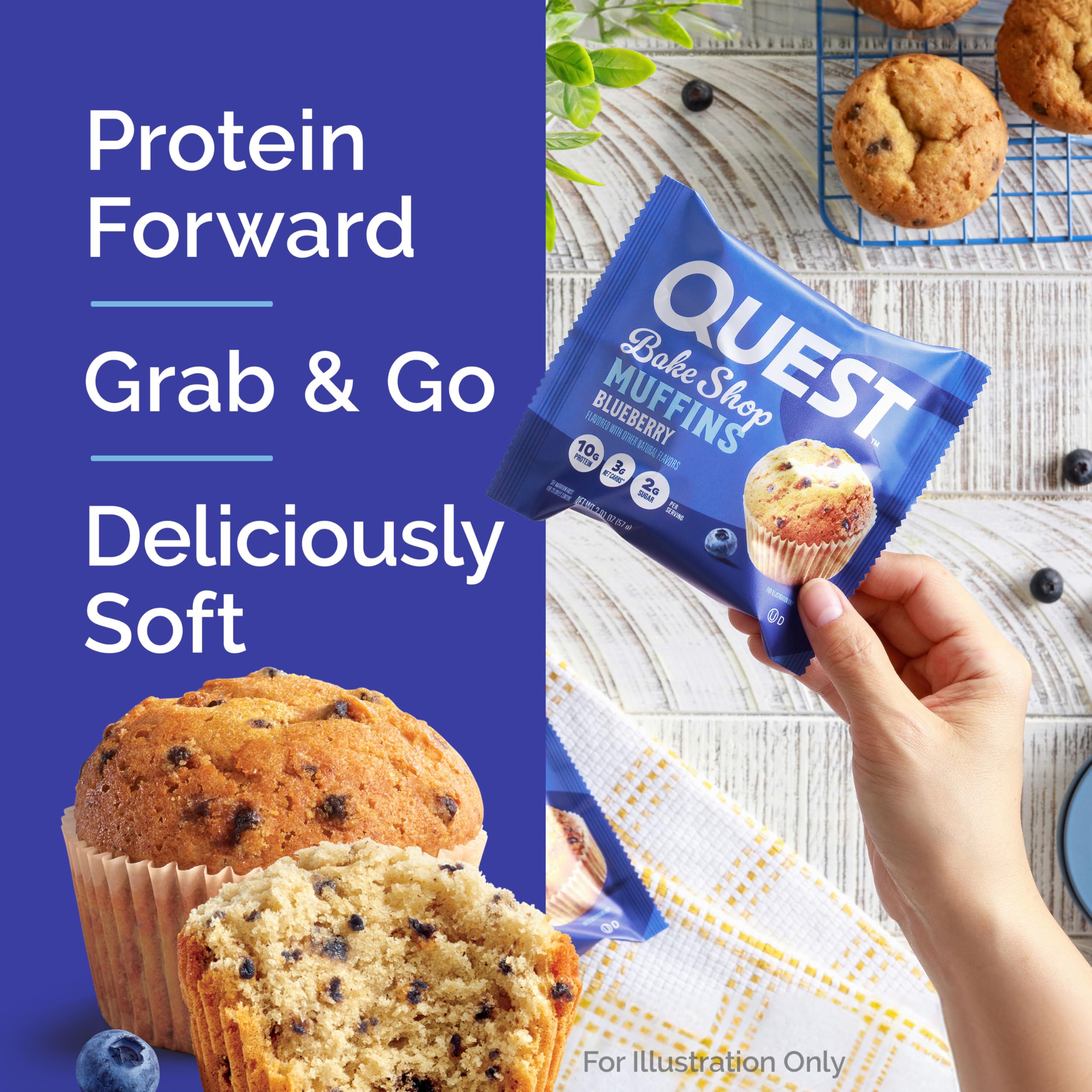 Quest Blueberry Muffins nutrition panel shows 10g protein per muffin.