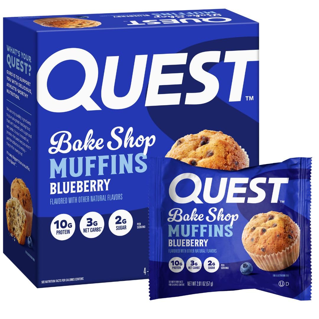 Quest Blueberry Muffins pack shot highlights a protein-forward snack for on-the-go.