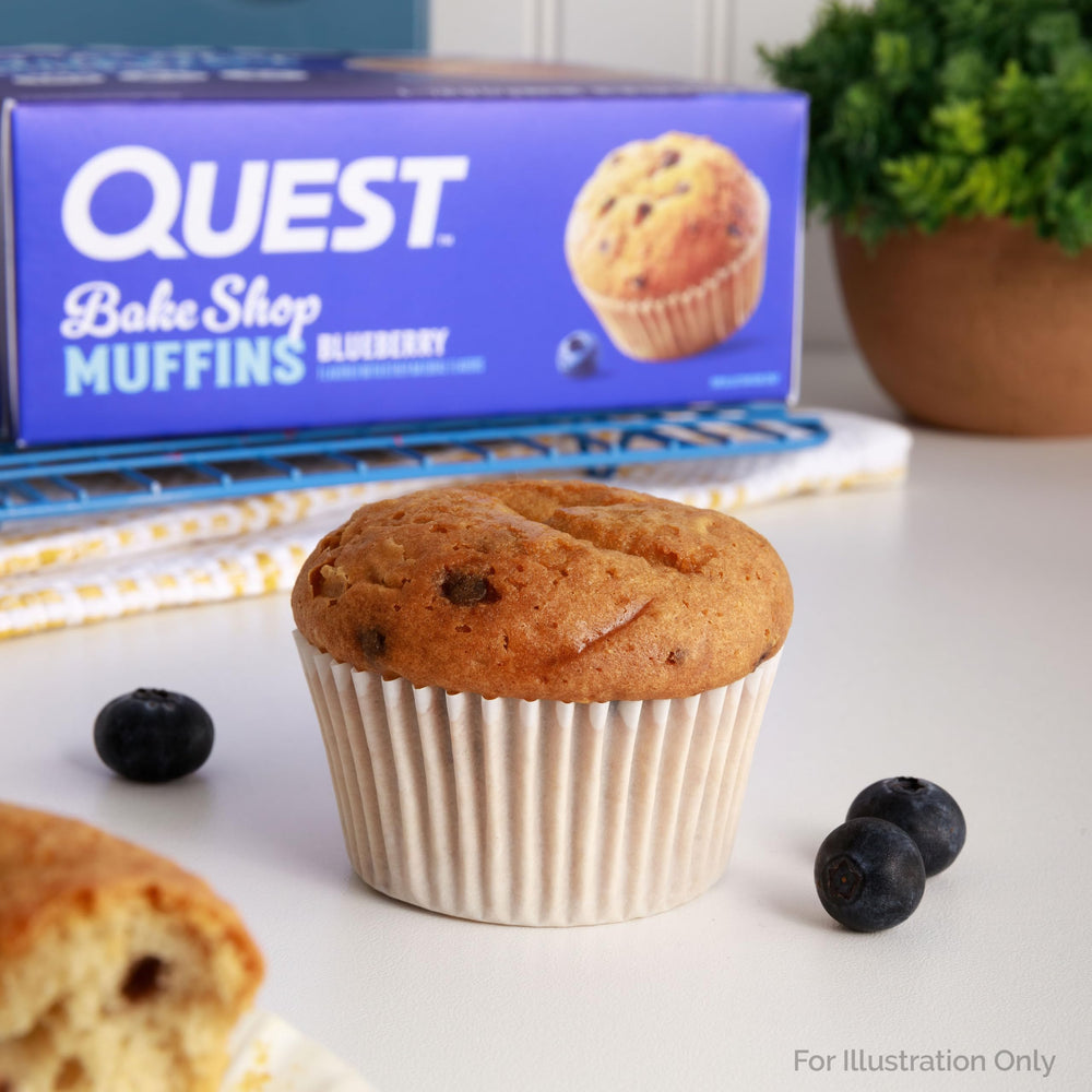 Quest Blueberry Muffins serving on plate suggests convenient breakfast or snack.