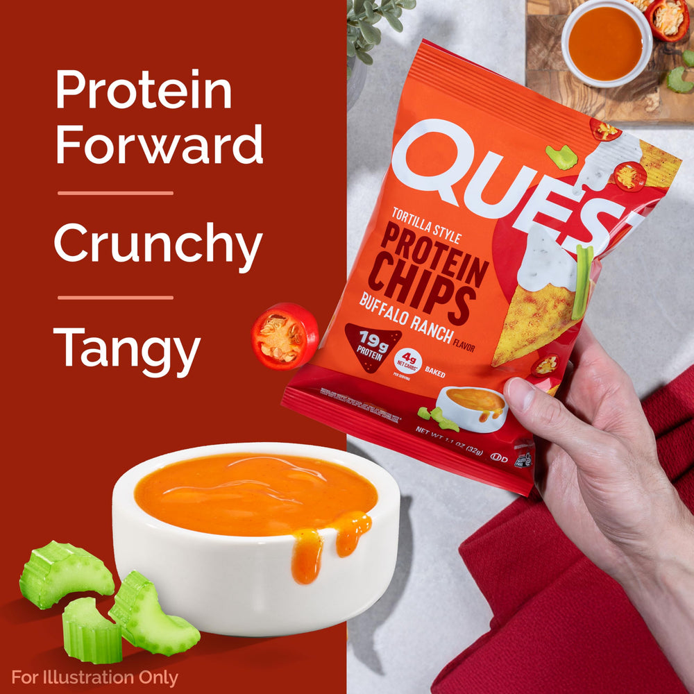 Quest Buffalo Ranch Protein Chips on desk; a guilt-free gluten-free snack.