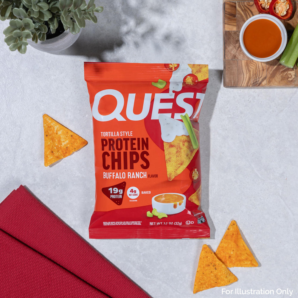 Quest Buffalo Ranch chips in gym bag; portable high-protein snack choice.