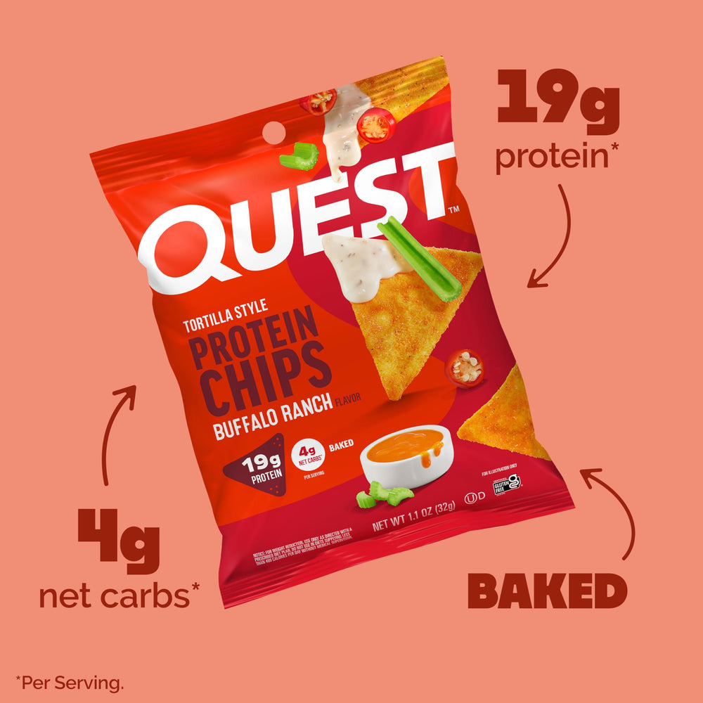 Quest Buffalo Ranch Chips crunch in a bowl; satisfying texture with 19g protein.
