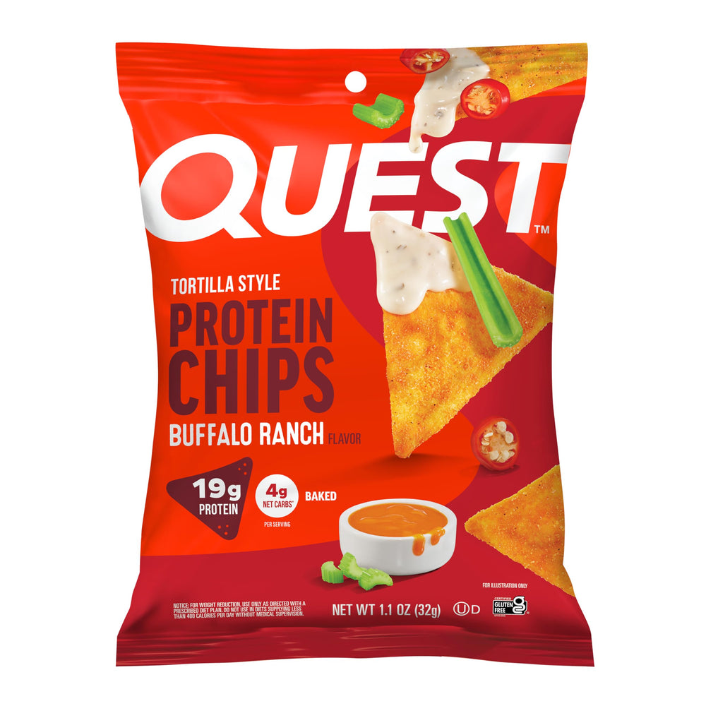 Quest Buffalo Ranch Protein Chips pack; high-protein snack for busy days.