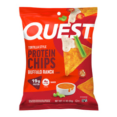 Quest Buffalo Ranch Protein Chips pack; high-protein snack for busy days.