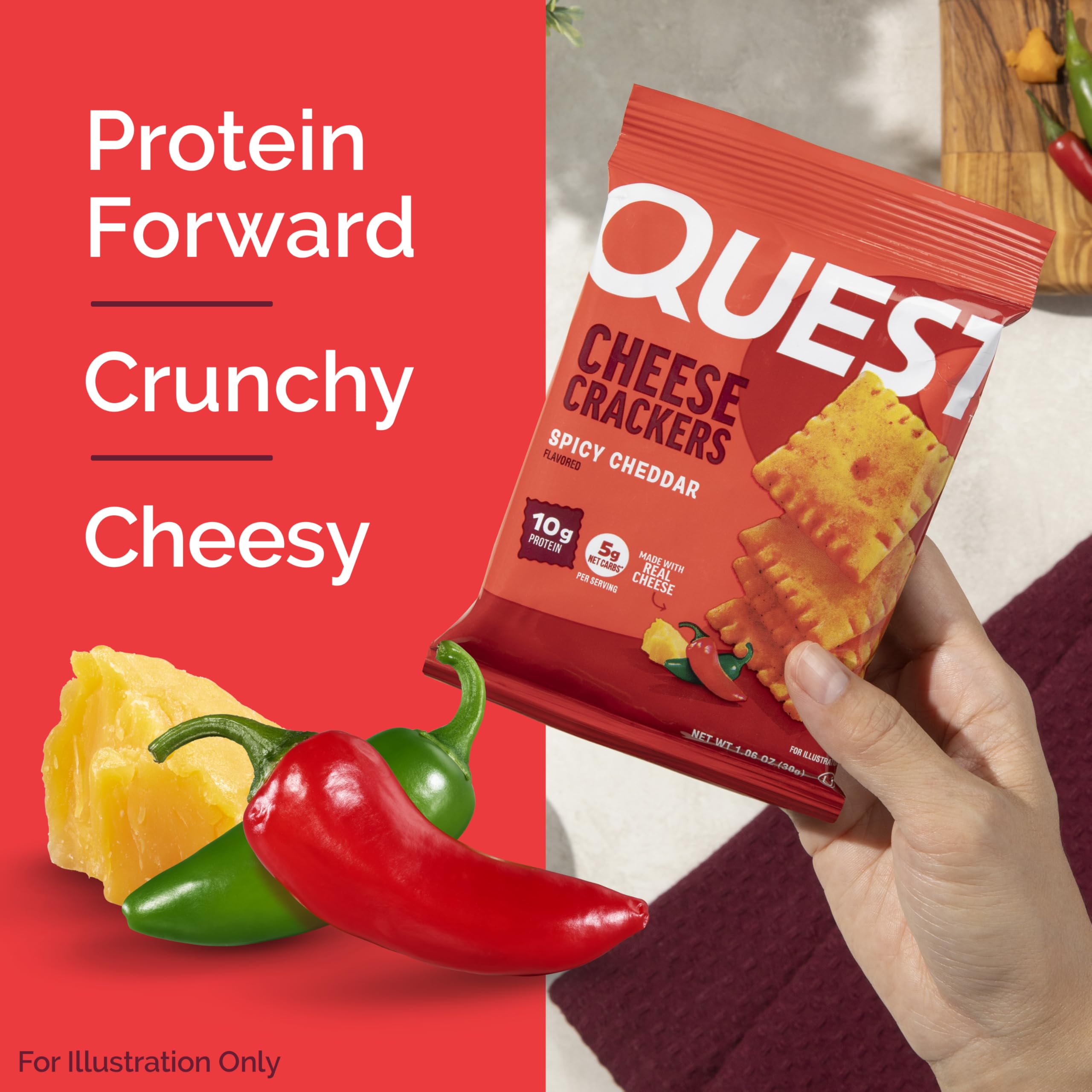 Quest cheddar crackers serving tray highlighting single-serve 1.06 oz pouches