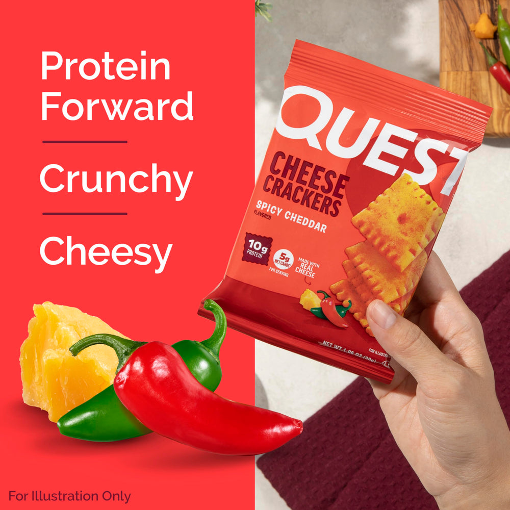 Quest cheddar crackers serving tray highlighting single-serve 1.06 oz pouches