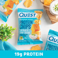 Serving bowl with Quest Cheddar & Sour Cream chips, snack-ready