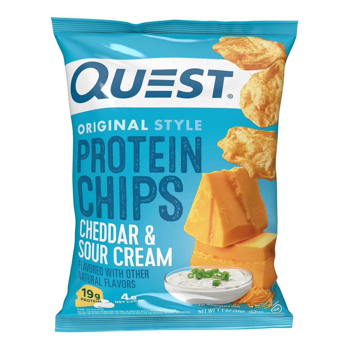 Quest Cheddar & Sour Cream pack shot highlighting protein-packed snack