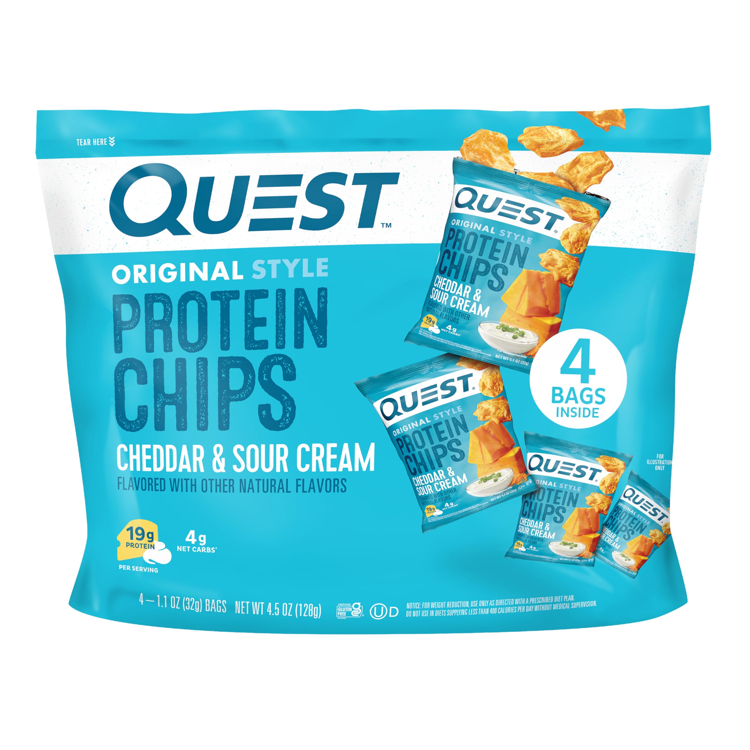 Quest Cheddar & Sour Cream protein chips bag shows bold flavor and high protein