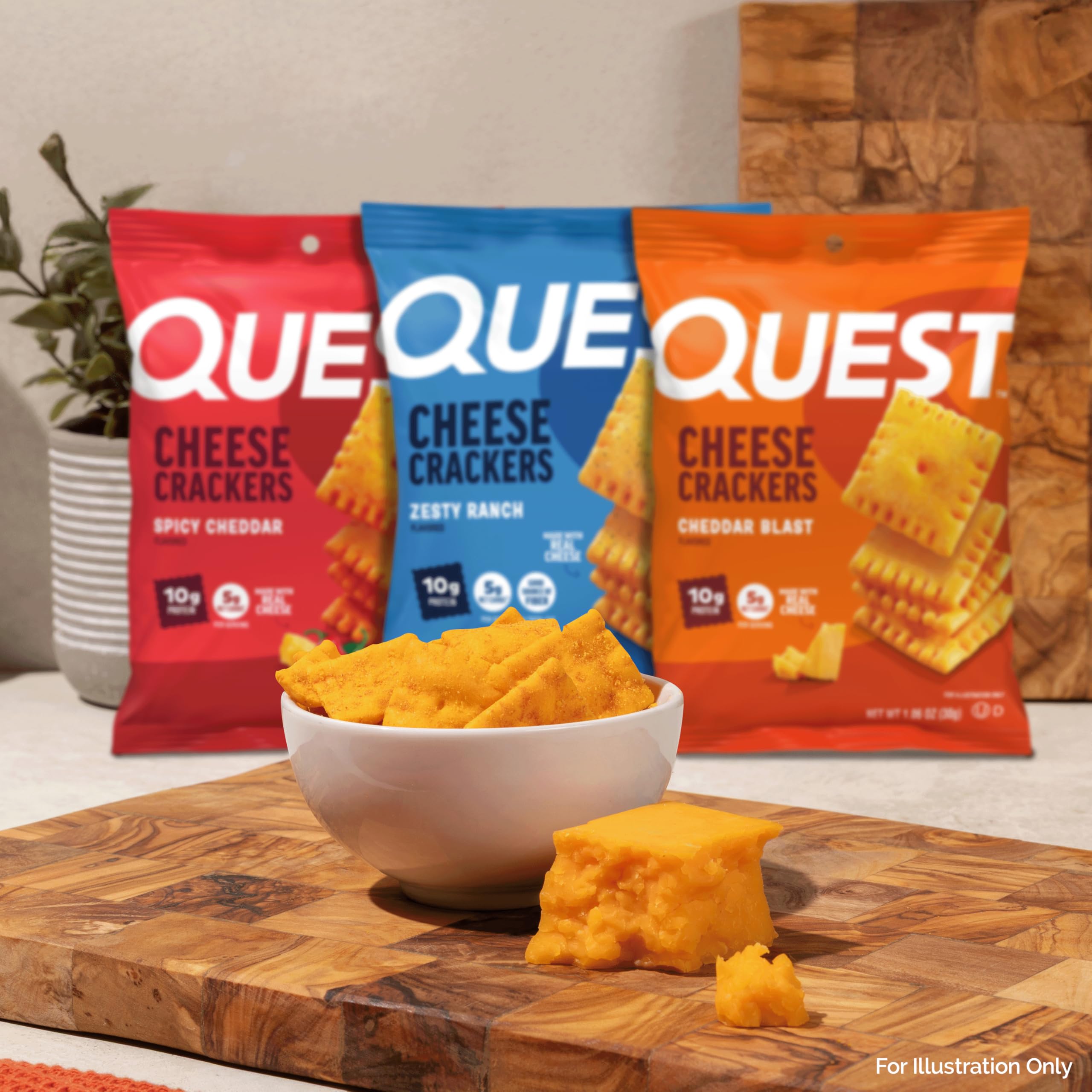 Quest Cheesy Protein Crackers nutrition panel shows 18-19g protein per serving