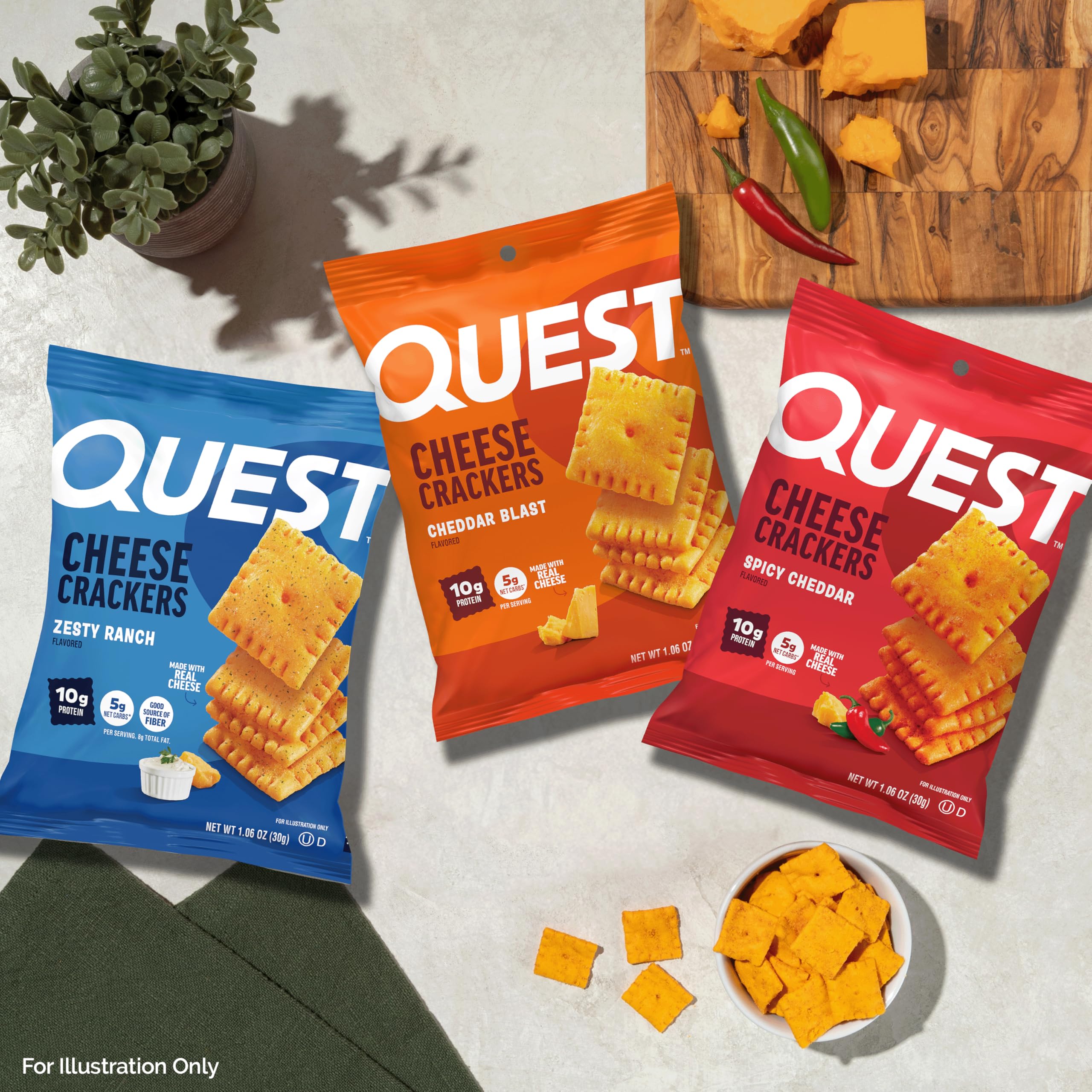 Quest Cheesy Protein Crackers spicy cheddar close-up conveys bold snacking appeal