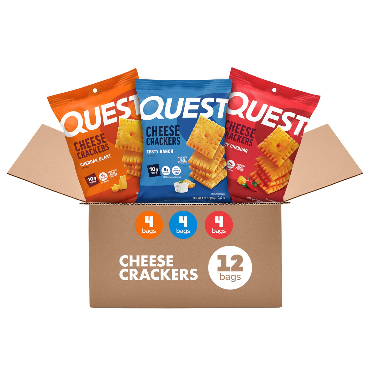 Quest Cheesy Protein Crackers variety pack front view ideal for on-the-go snacking