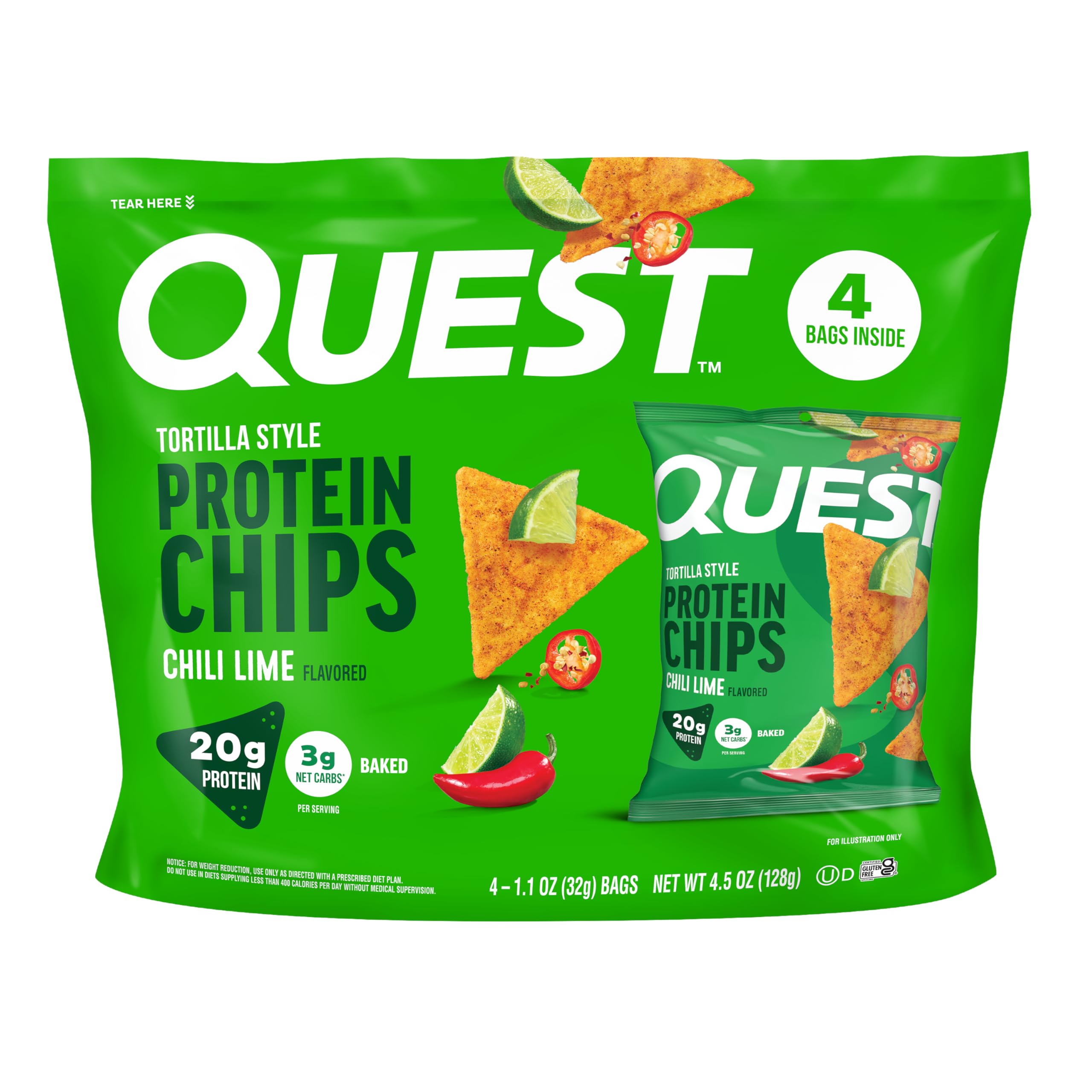 Quest Chili Lime Tortilla Chip crisp for on-the-go protein snack.