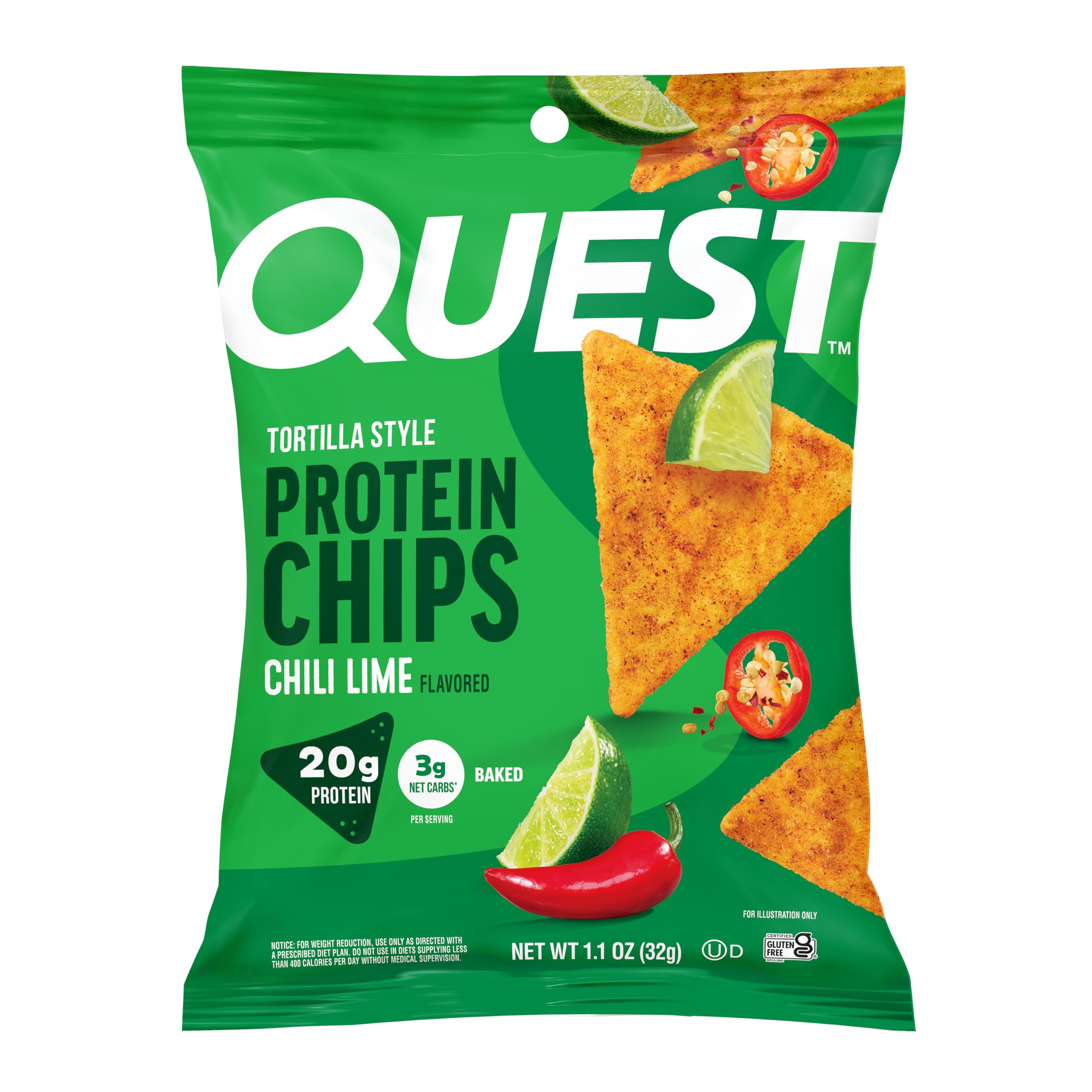 Quest Chili Lime Tortilla Style Protein Chips box, 12-pack for easy snacking.