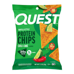 Quest Chili Lime Tortilla Style Protein Chips box, 12-pack for easy snacking.