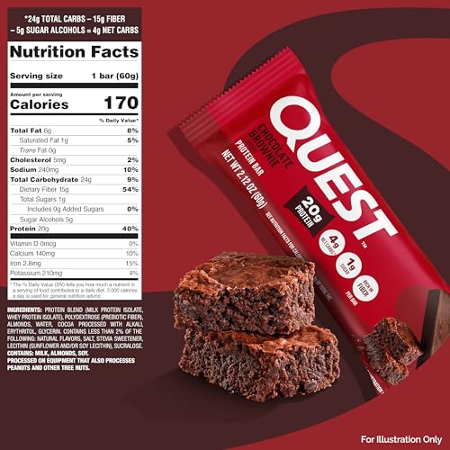 Quest Chocolate Brownie Bar nutrition panel—highlights 20g protein and low net carbs.