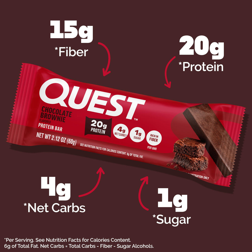 Quest Chocolate Brownie Bar wrapper—portable, ready-to-eat protein for workouts.