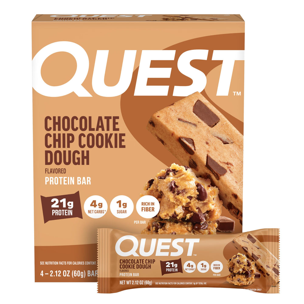 Quest Chocolate Chip Cookie Dough bar front packaging ready for a protein-packed snack.