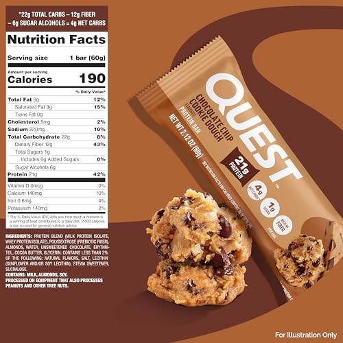 Quest Chocolate Chip Cookie Dough bar in pantry offers a fast protein option.