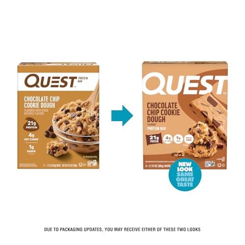 Quest Chocolate Chip Cookie Dough bar nutrition label emphasizes 21g protein per serving.