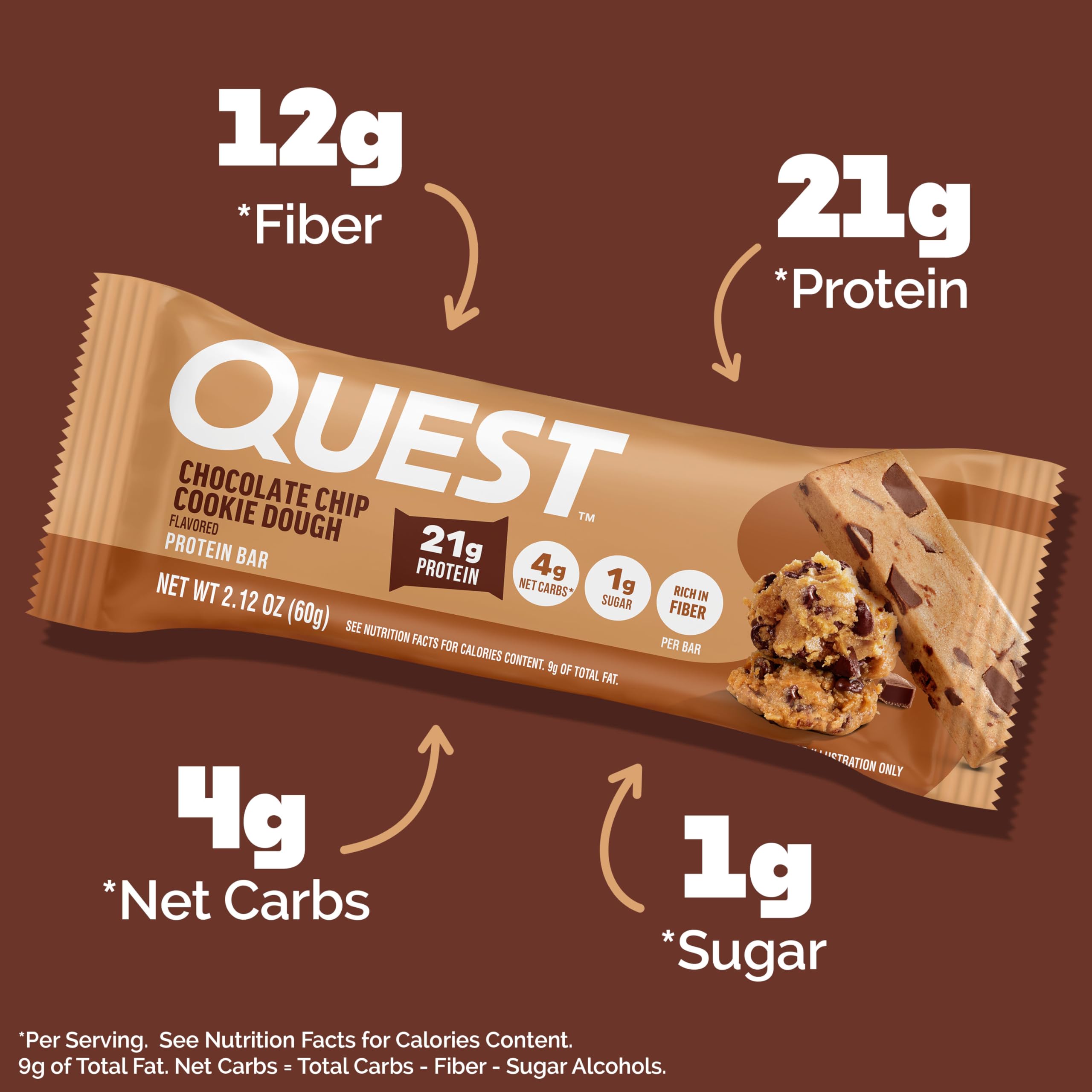 Quest Chocolate Chip Cookie Dough bar foil wrapping shows convenient on-the-go snack.