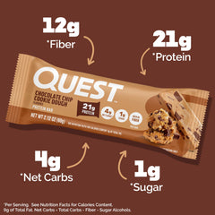 Quest Chocolate Chip Cookie Dough bar foil wrapping shows convenient on-the-go snack.