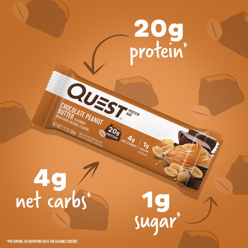 Quest Chocolate Peanut Butter bar unwrapped, showcasing indulgent flavor and texture.