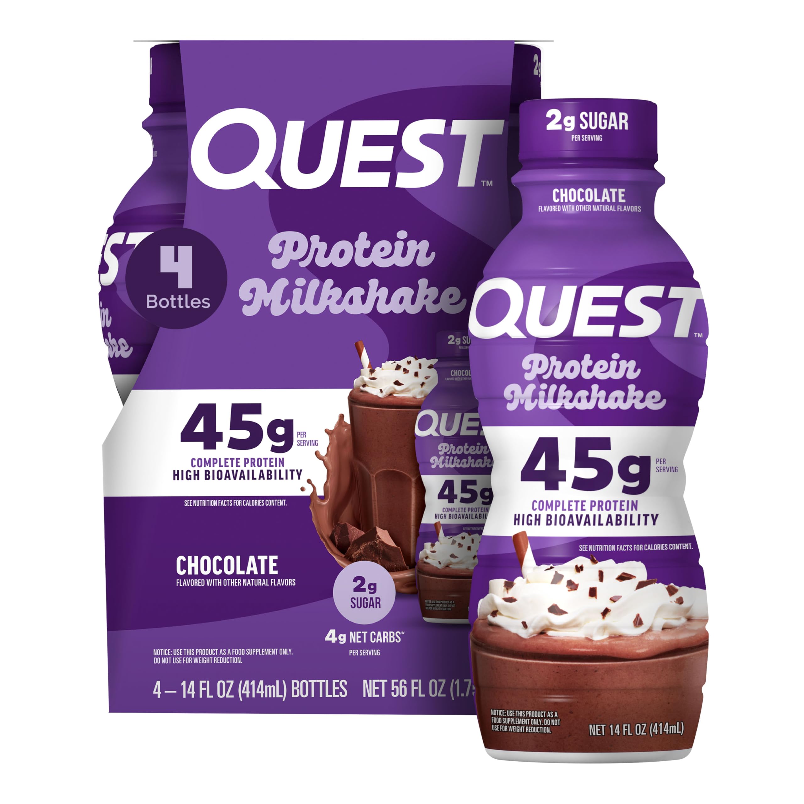 Quest Chocolate Protein Shake bottle front highlights bold flavor and 45g protein