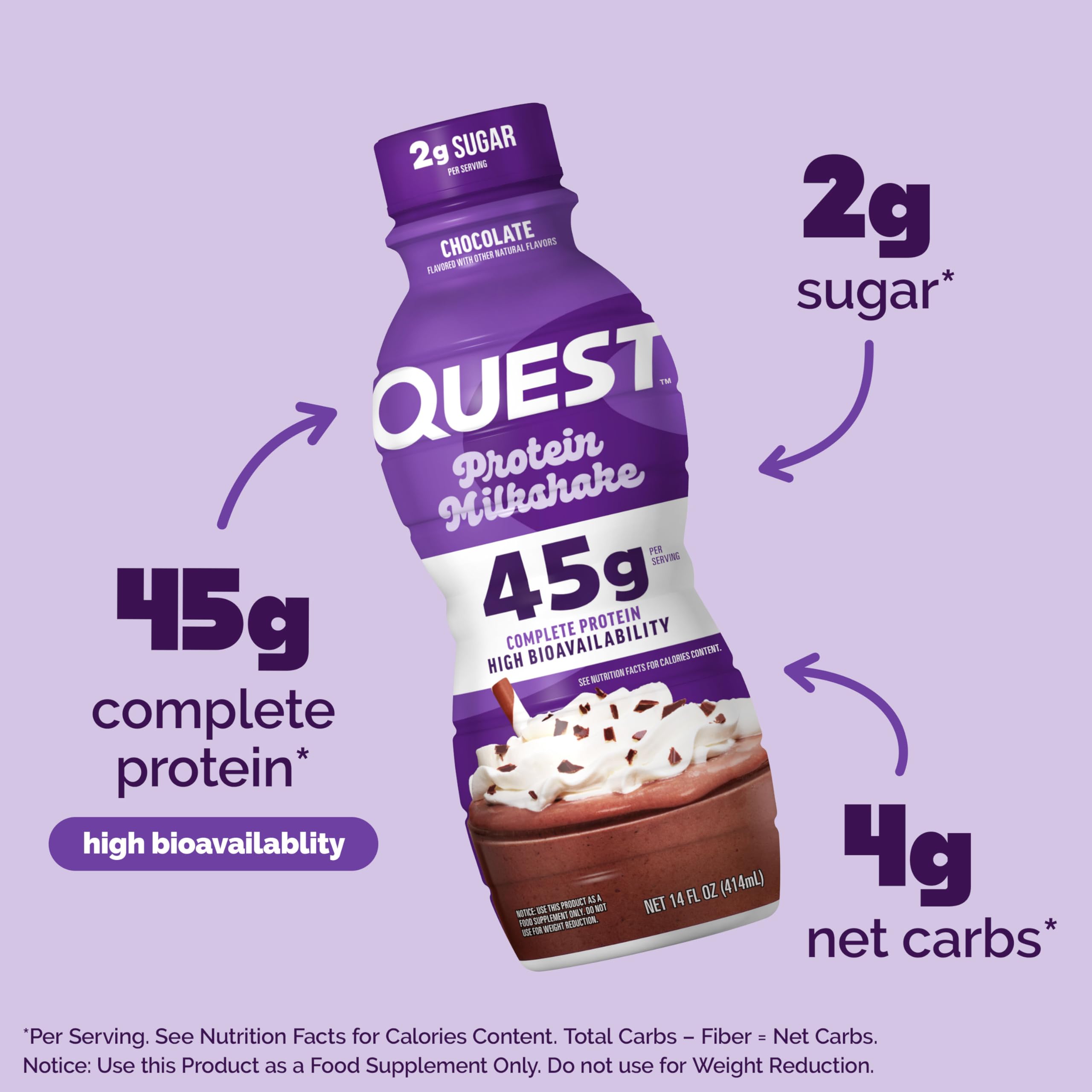 Quest Chocolate Shake nutrition panel notes 2g sugar and 4g net carbs