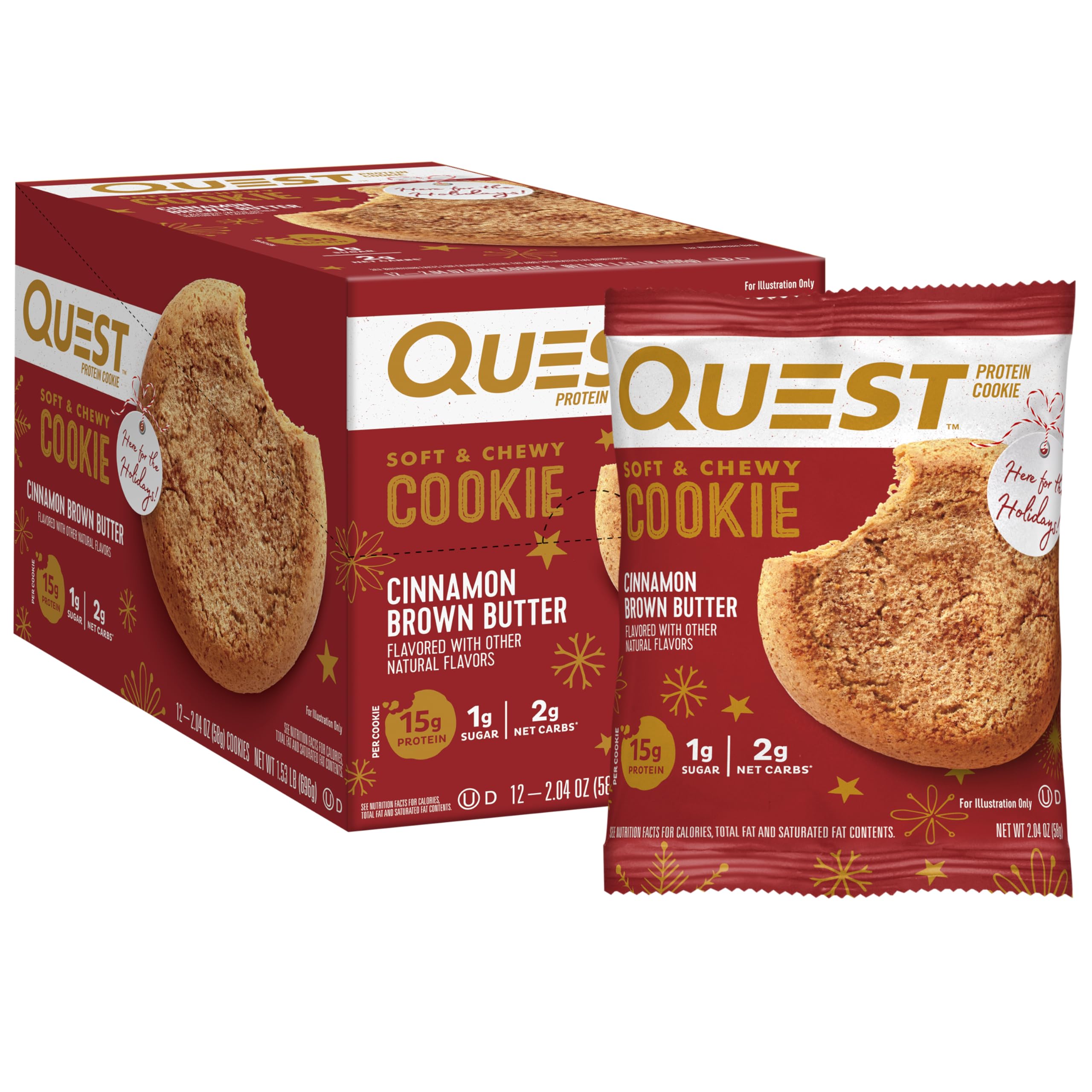 Quest Cinnamon Brown Butter protein cookie pack with soft texture and festive flavor.