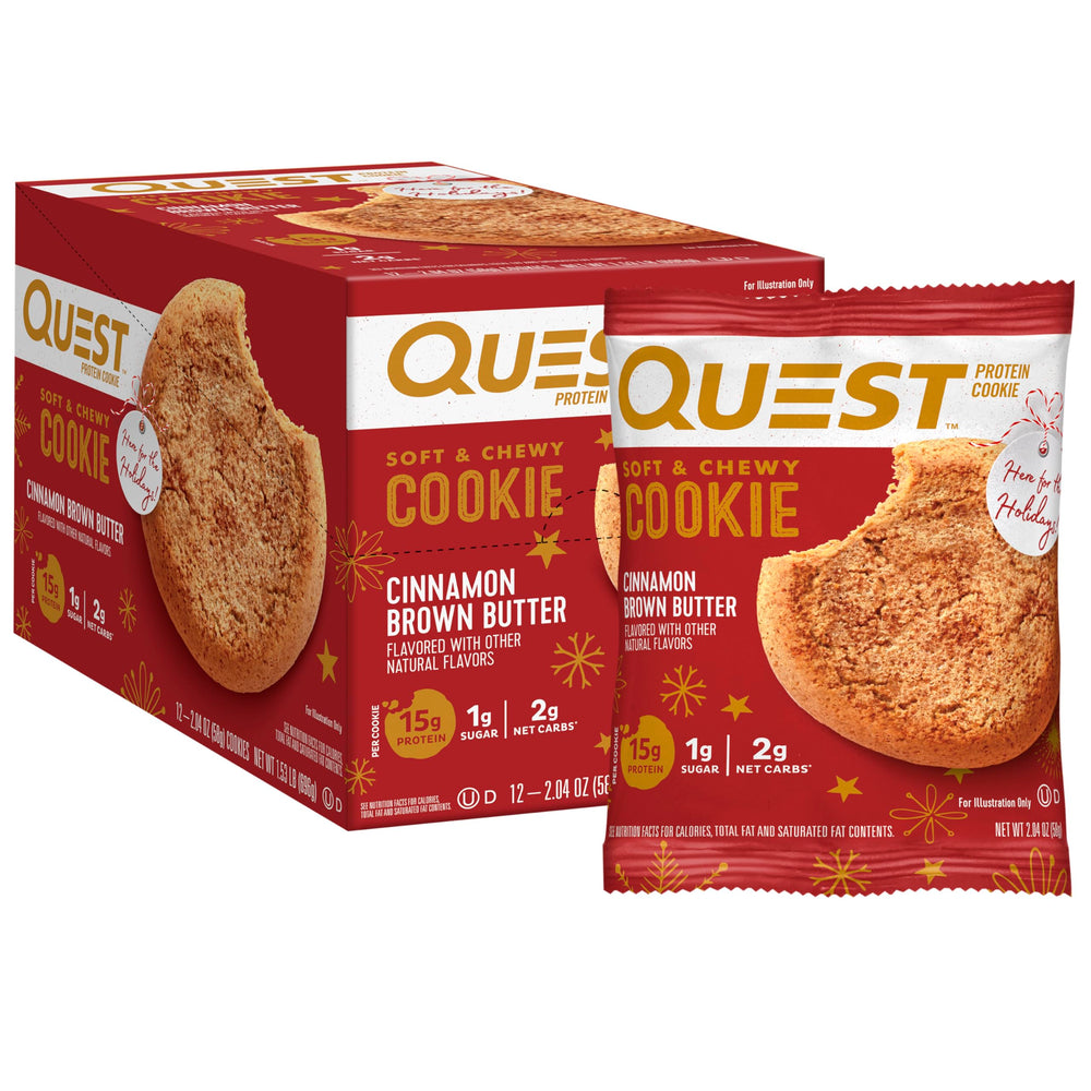Quest Cinnamon Brown Butter protein cookie pack with soft texture and festive flavor.