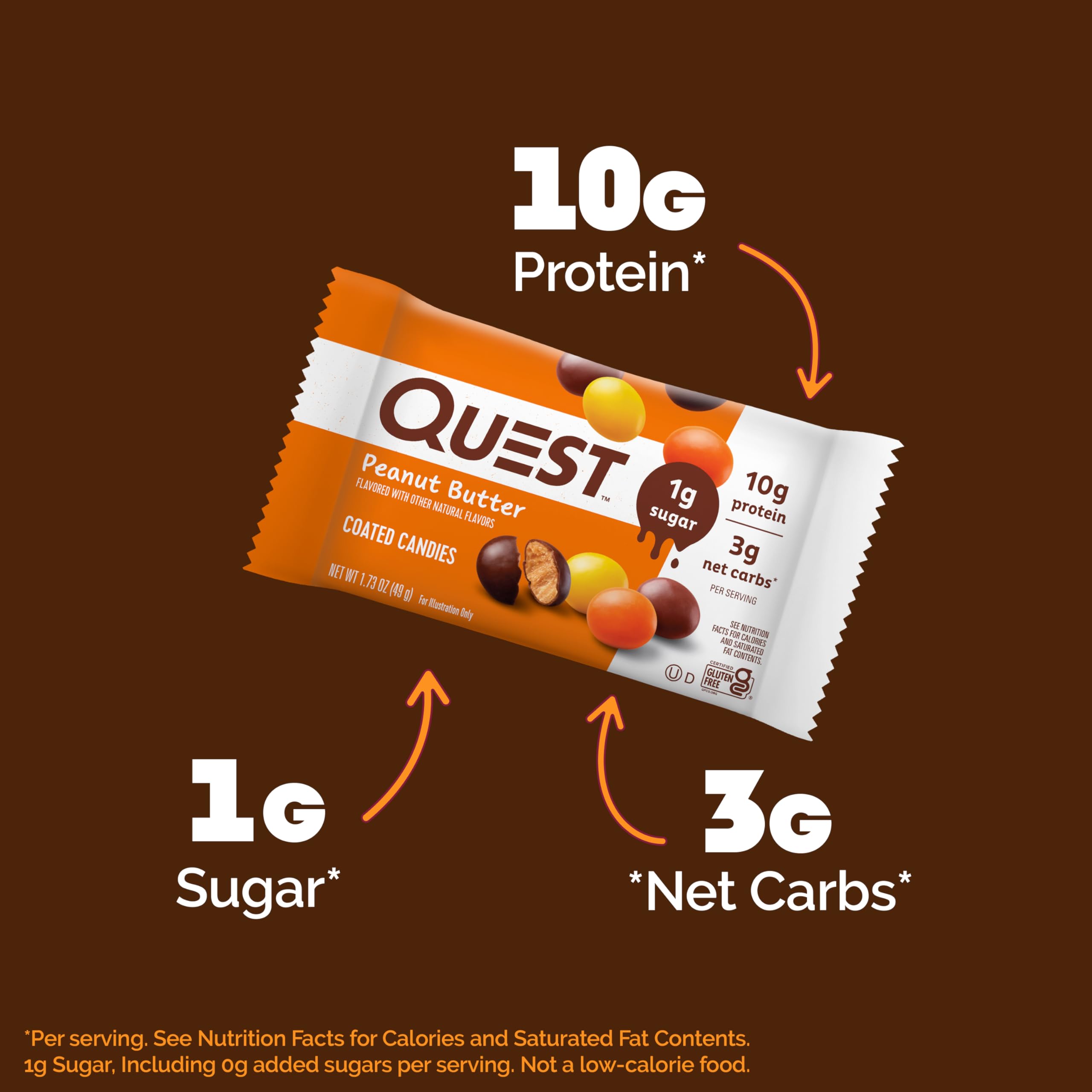 Quest coated candies on hand with pack, grab-and-go protein boost for busy days