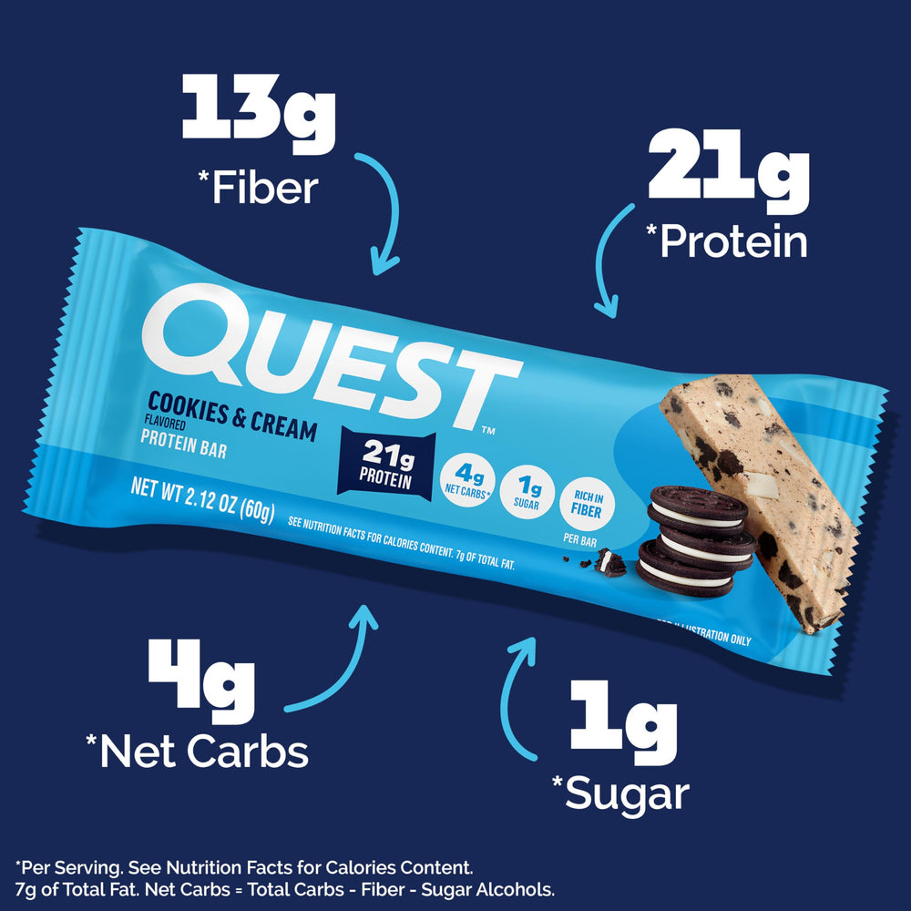 Quest Cookies & Cream bar nutrition label highlighting 21g protein per bar