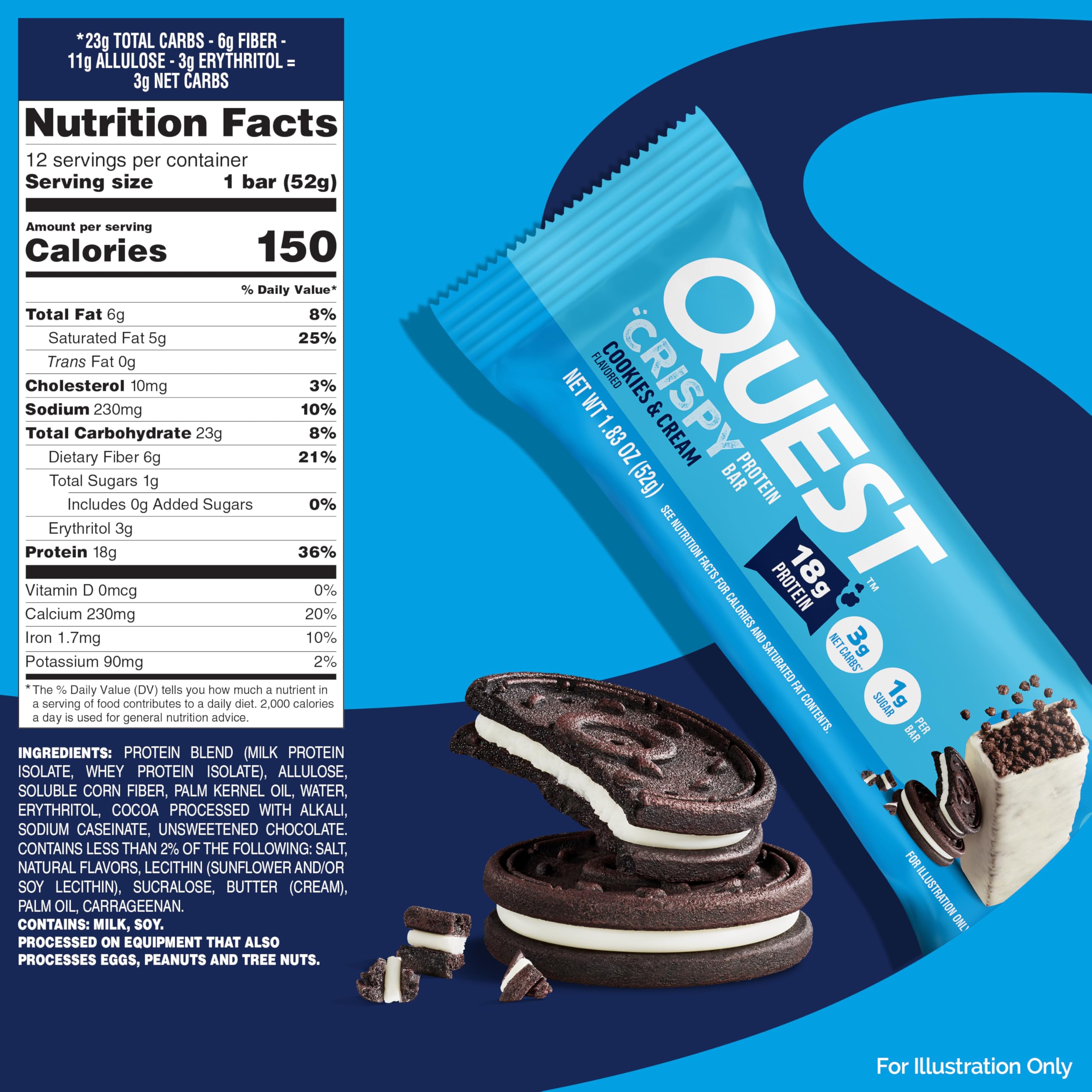 Quest Cookies and Cream Hero Bar nutrition panel highlights 3g net carbs.