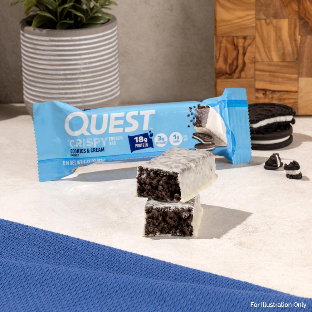 Quest Cookies and Cream Hero Bar on desk as a quick snack.