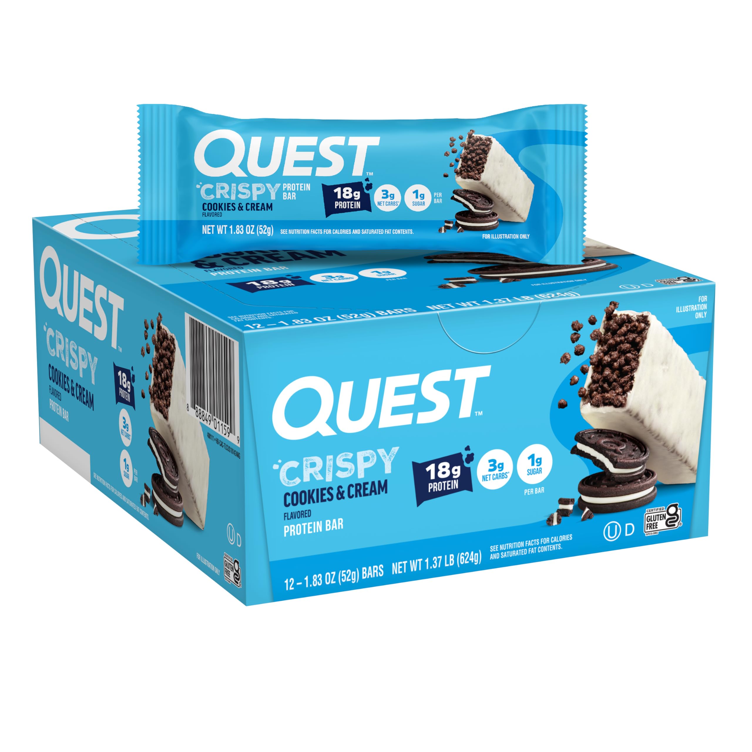 Quest Cookies and Cream Hero Bar packaging highlighting gluten-free high-protein snack.