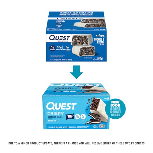 Quest Cookies and Cream Hero Bar wrapper shows 18g protein and 1g sugar.