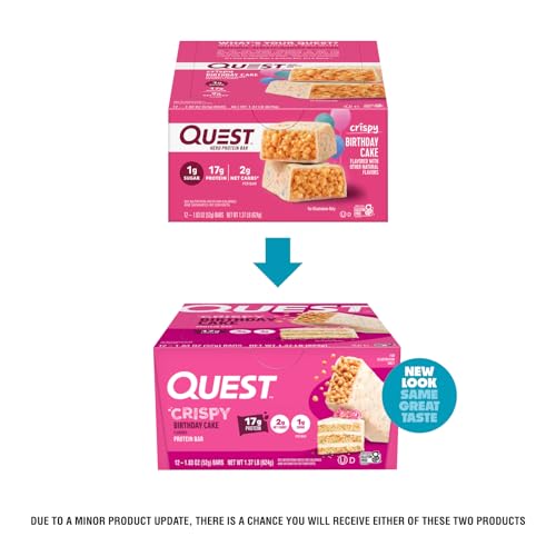 Close-up of Quest Crispy Birthday Cake bar sparkle frosting and chewy texture.