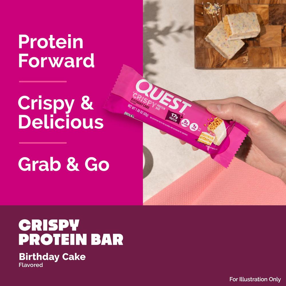 Quest Crispy Birthday Cake bar ingredient close-up notes low sugar and net carbs.