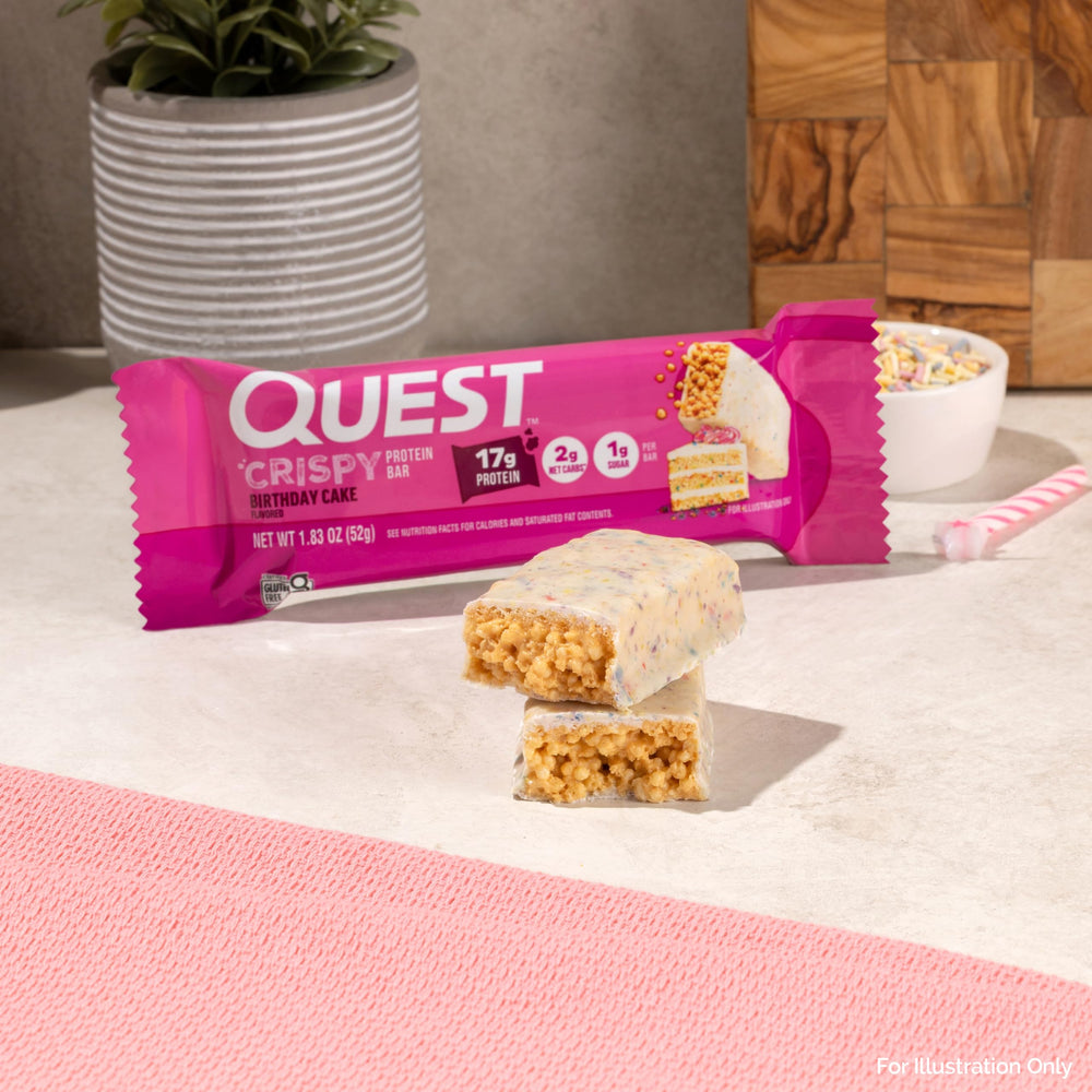 Quest Crispy Birthday Cake bar nutrition facts close-up for mindful snacking.