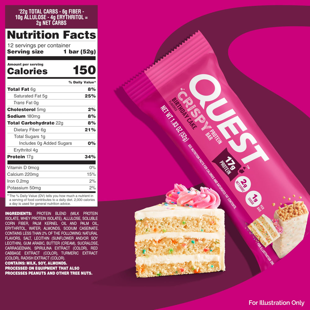 Quest Crispy Birthday Cake bar resealable pack keeps bars fresh.