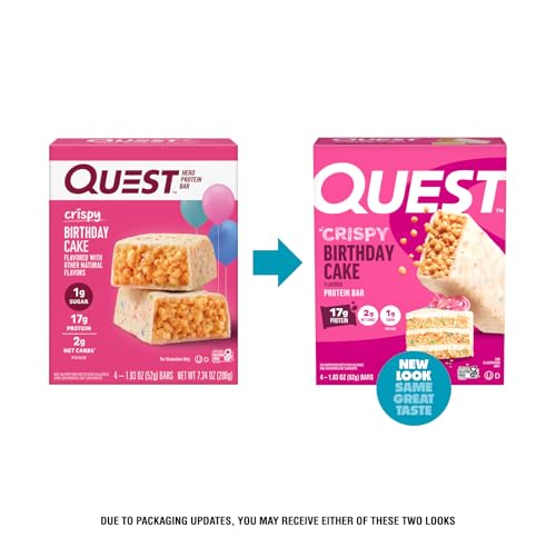Quest Crispy Birthday Cake bar wrapper-out shows convenient on-the-go protein.